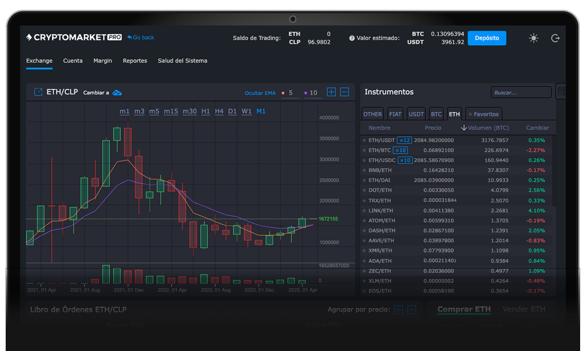 Imagen de muestra de la interfaz de usuario de la plataforma de intercambio de criptomonedas CryptoMarket.